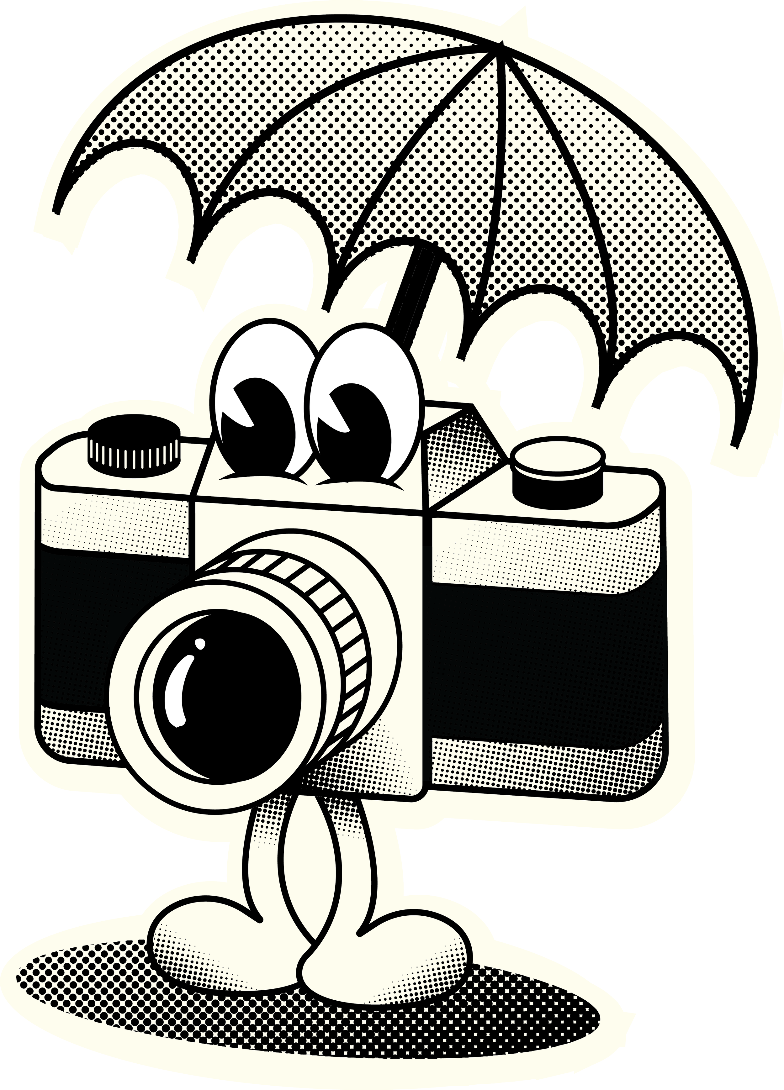 A cartoon-style black and white illustration of a camera with a cartoon camera emerging from the top, holding an umbrella behind the camera.