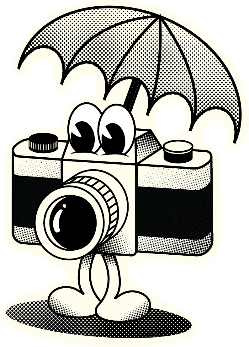 A retro-70's looking camera icon holding an umbrella.