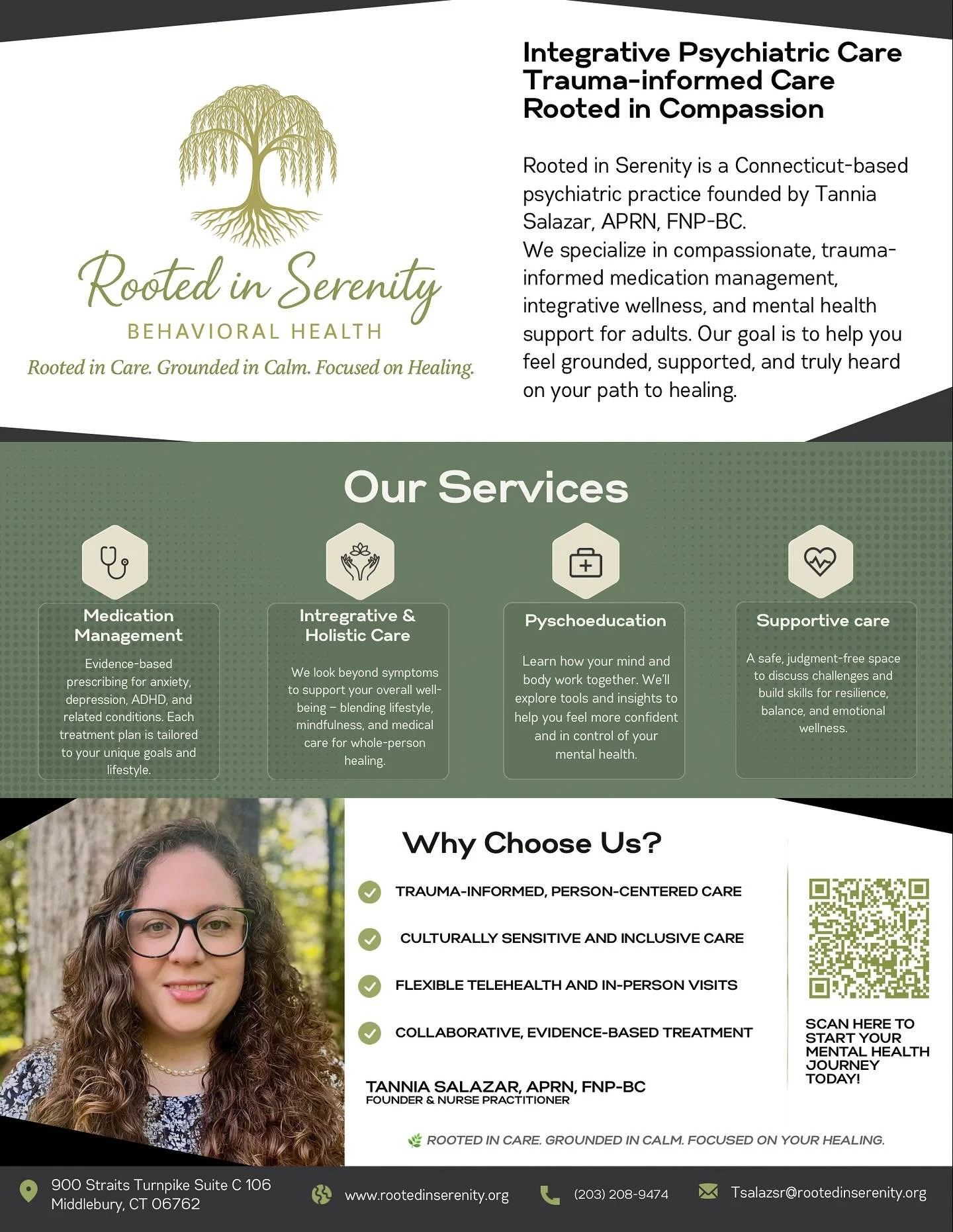 🌿 Rooted in Care. Grounded in Calm. Focused on Your Healing.

I&rsquo;m Tannia Salazar, APRN, FNP-BC, founder of Rooted in Serenity Behavioral Health &mdash; offering trauma-informed, integrative psychiatric care for adults across Connecticut.

Whet