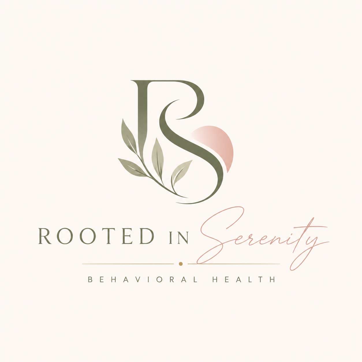 A logo for Rooted in Serenity Behavioral Health features a large stylized 'J S' with a leaf and pink shape accents, and the words 'Rooted in Serenity' in script and serif fonts.
