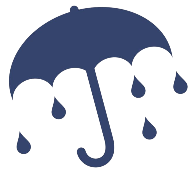 Dark blue umbrella with rain droplets falling from it.