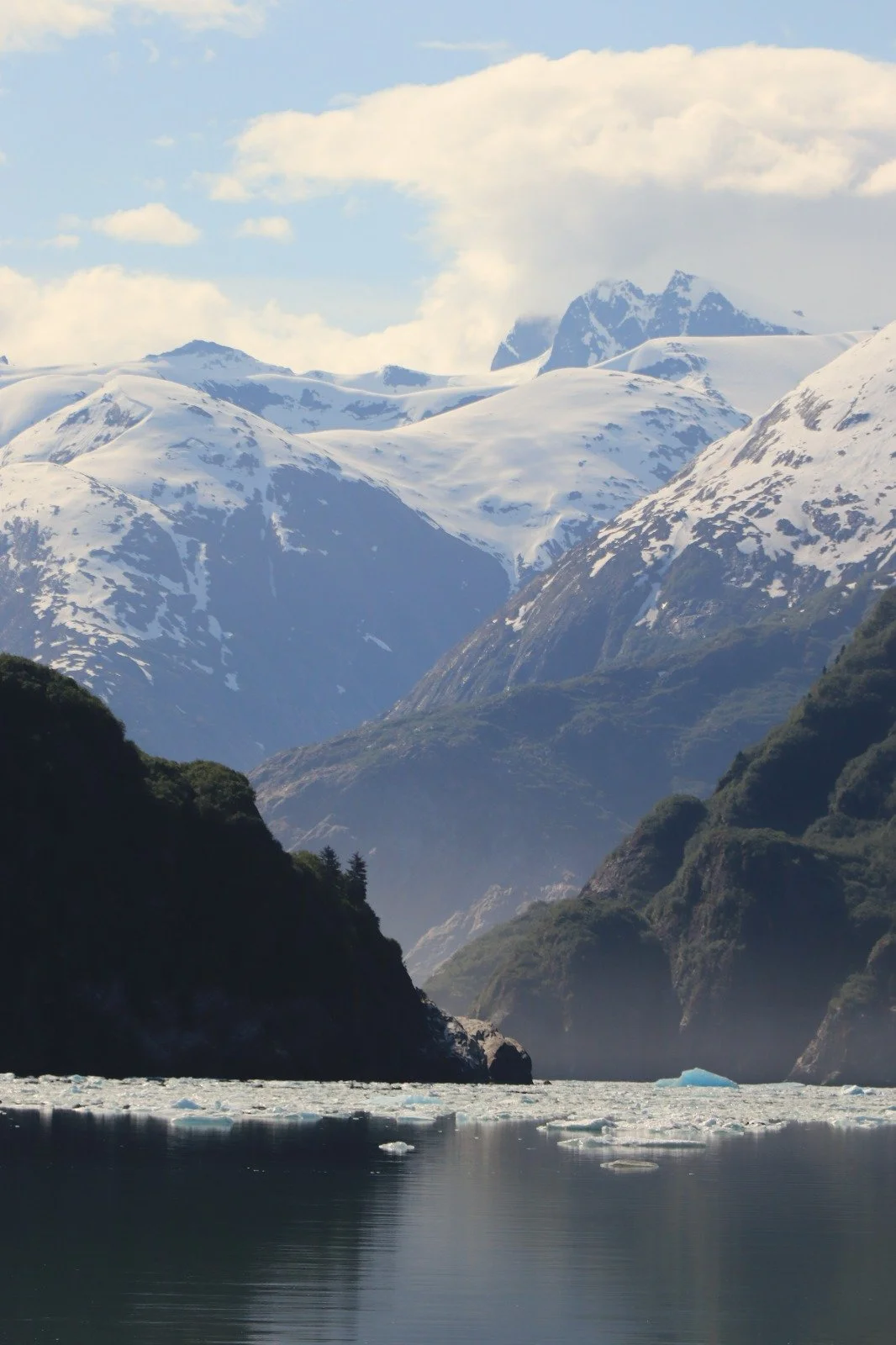 Snow-covered mountains and glacier in a fjord with calm water in the foreground and a partly cloudy sky.
