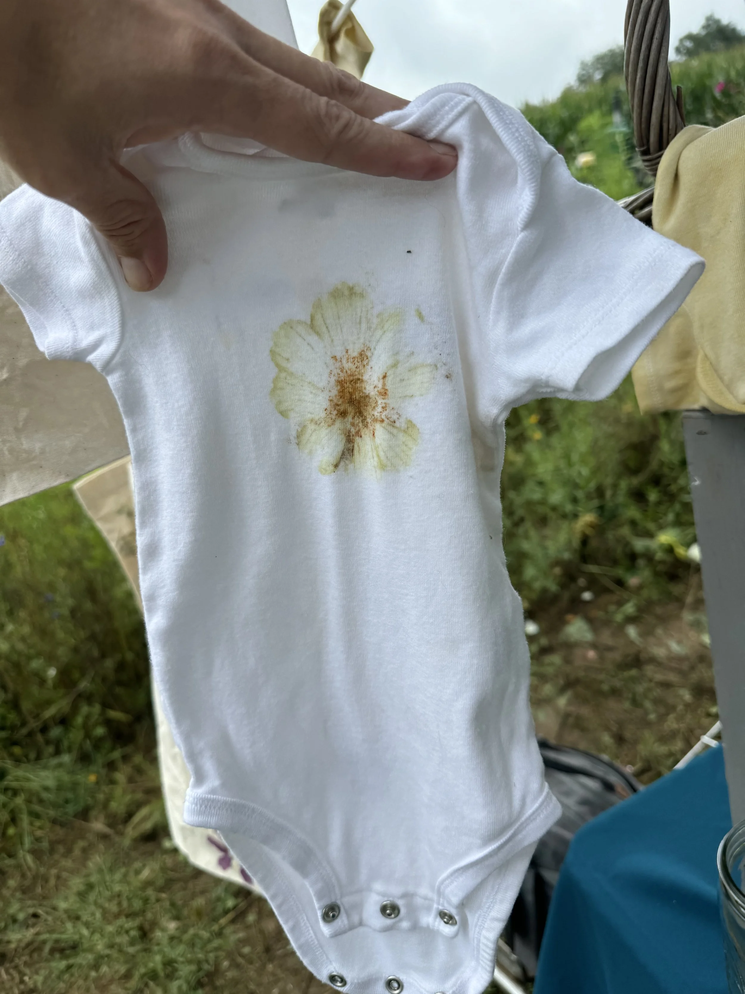 A small white onesie with a yellow flower print created with flower-pounding technique, being held up outdoors.