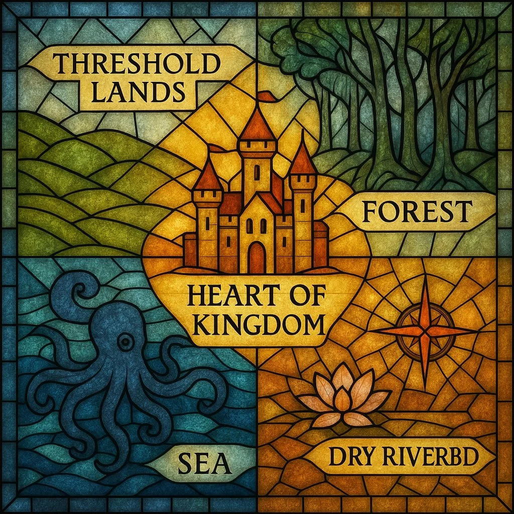 A stained glass illustration of a fantasy map featuring a castle at the center with the words 'Heart of Kingdom' beneath it. The map has four regions labeled 'Threshold Lands,' 'Forest,' 'Sea,' and 'Dry Riverbed.'
