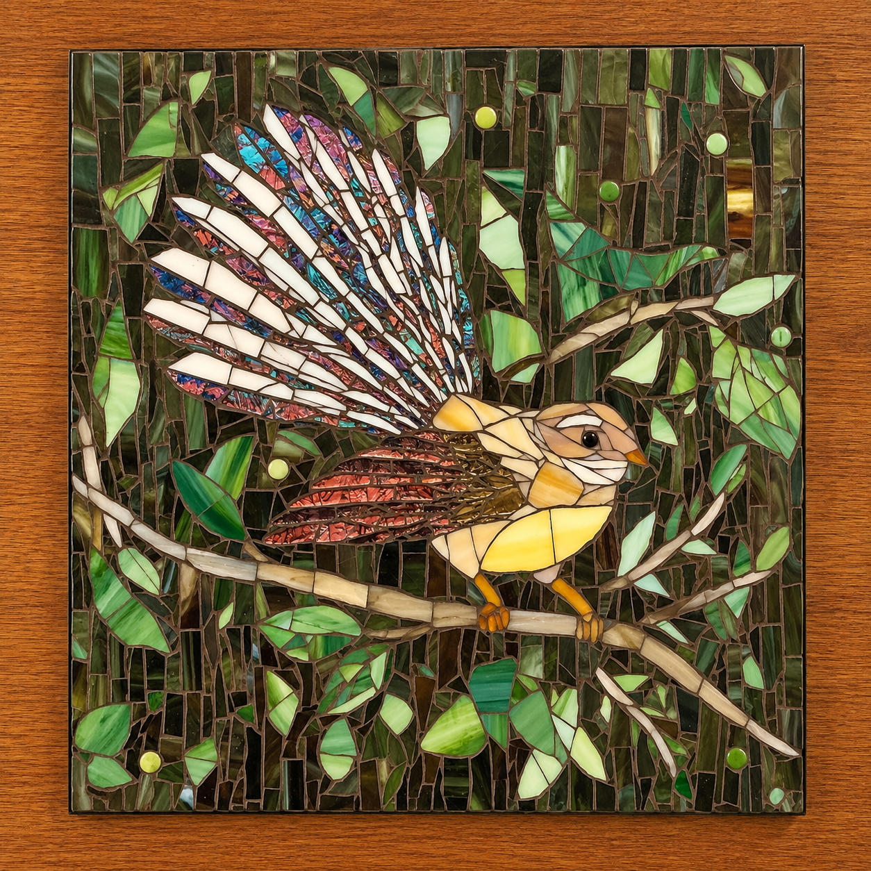 Stained glass artwork of a small bird with colorful wings, perched on a branch among green leaves.