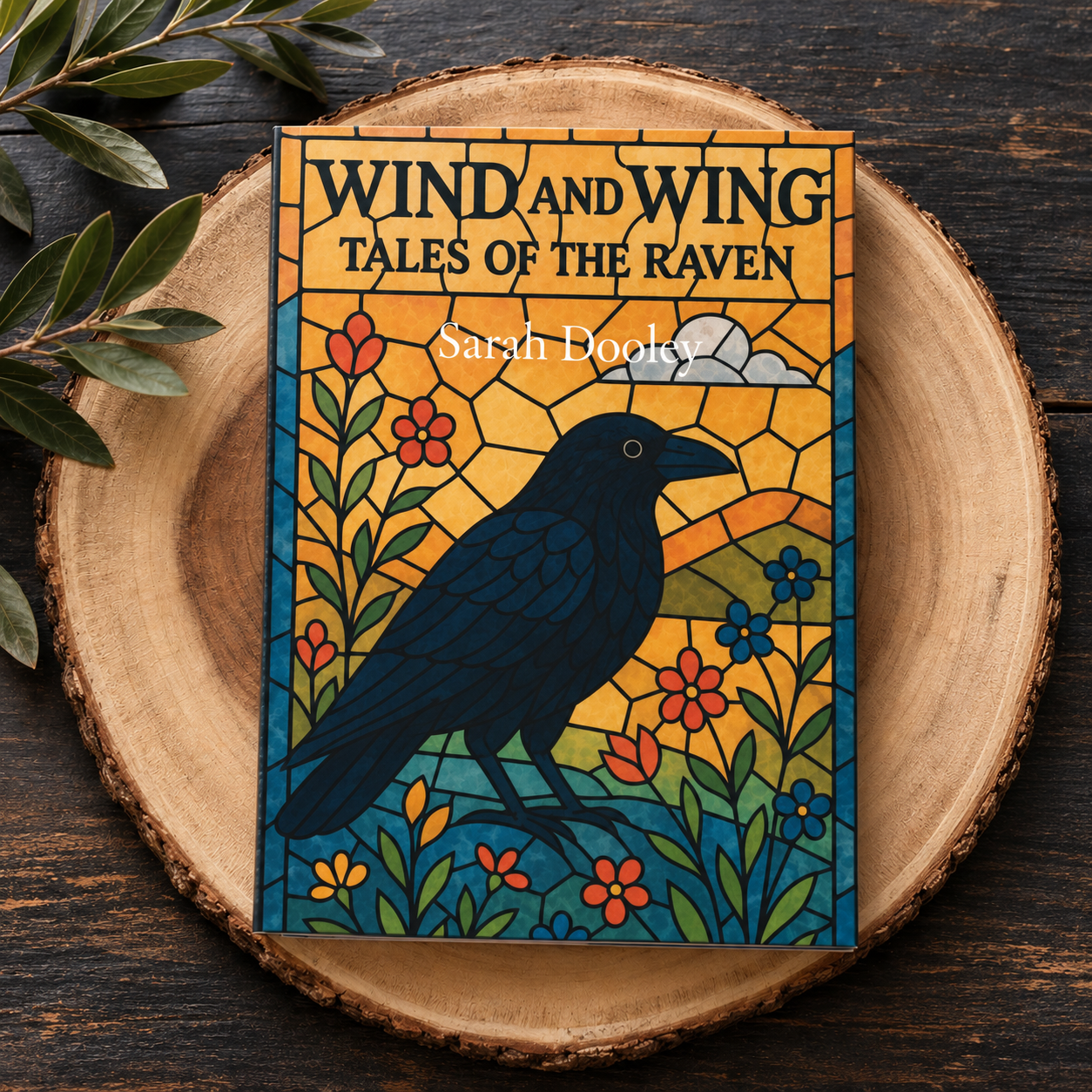 Book titled "Wind and Wing: Tales of the Raven" by Sarah Dooley with cover art of a black raven, flowers, and a sunset in a stained glass style, placed on a wooden surface with a round wooden slab and green leaves beside it.