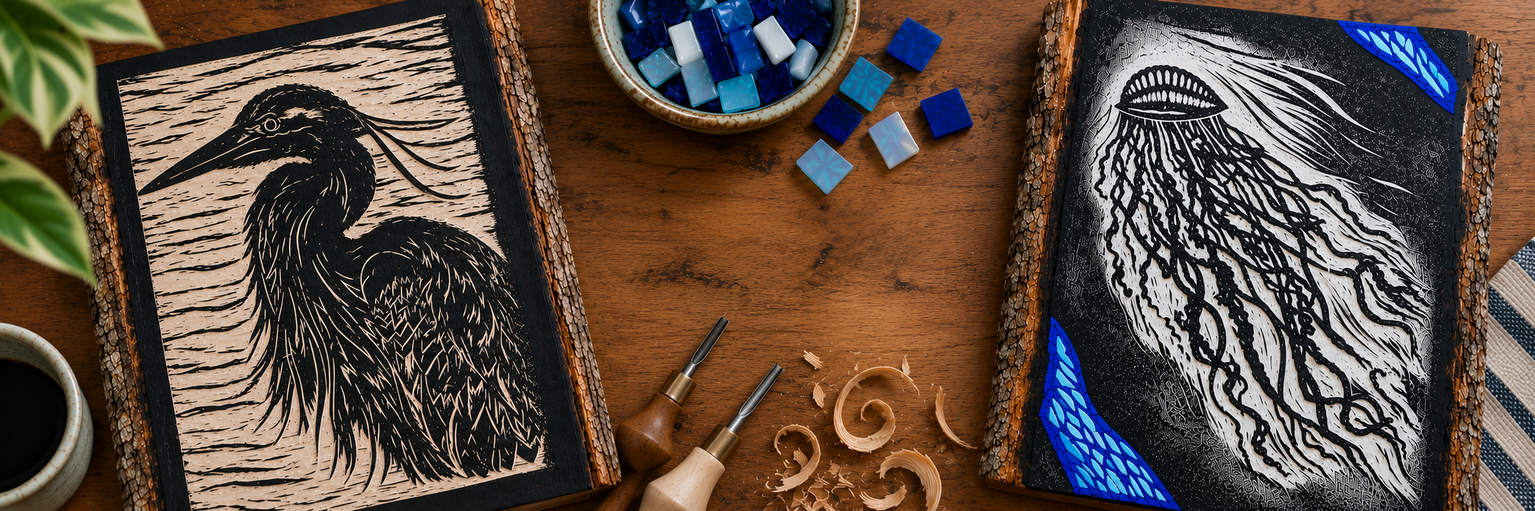 Wooden table with two framed wood-burned art pieces of herons, a bowl of blue and white mosaic tiles, carving tools, and wood shavings.