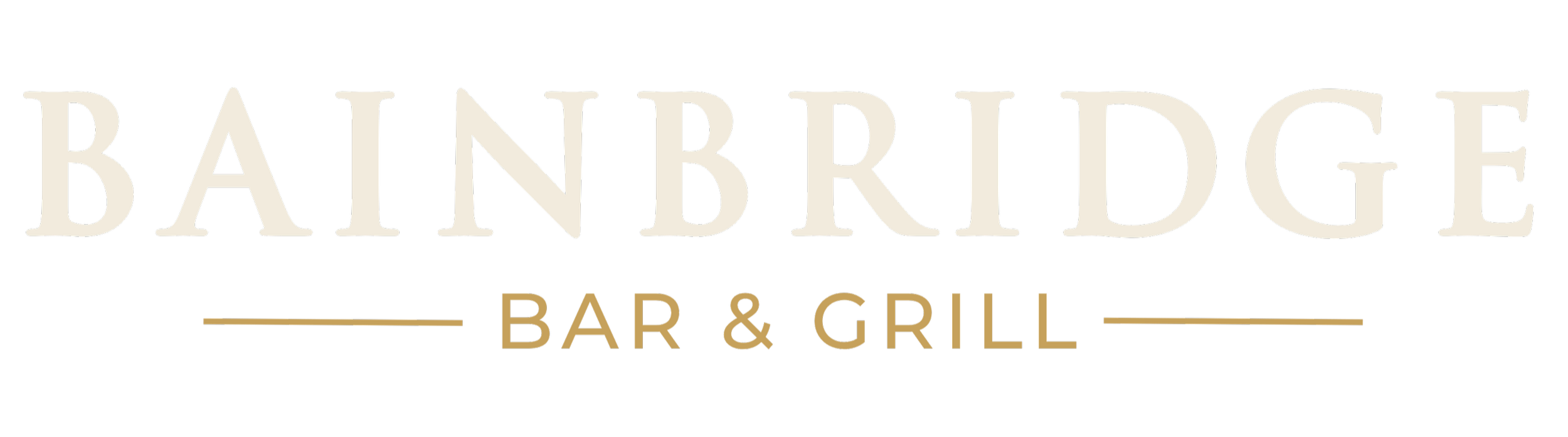 Sign for Bainbridge Bar & Grill with large white text on a black background and gold accents.