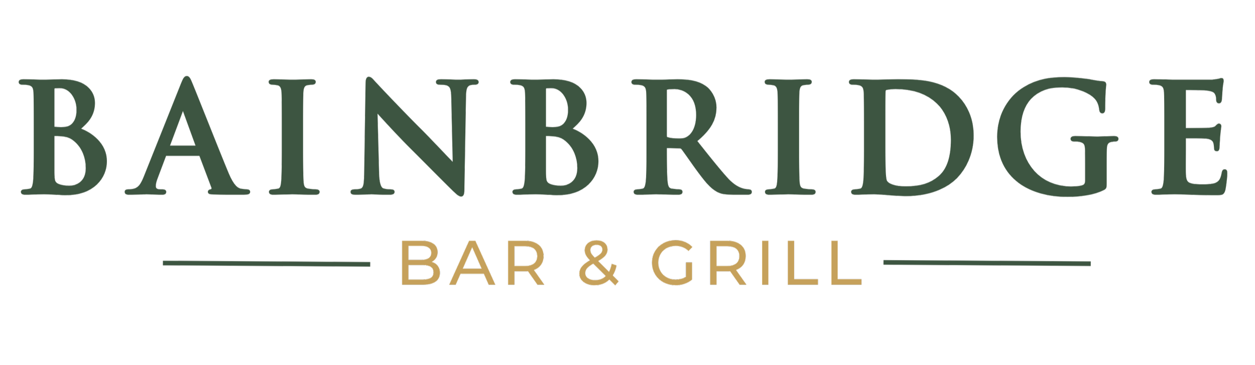 Logo for Bainbridge Bar & Grill with green and beige text on a black background.