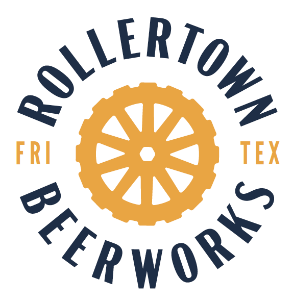 Logo for Roller Town Beerworks with a yellow gear in the center, surrounded by the text 'ROLLER TOWN BEERWORKS' in a circular layout, and 'FRI' and 'TEX' on either side of the gear.