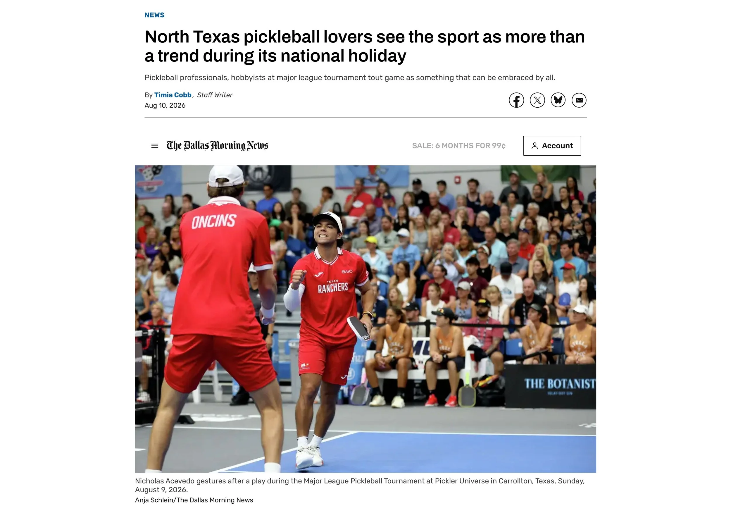 Two pickleball players in red uniforms, one with the name Oincns, on a court with a crowd watching in the background during the Major League Pickleball Tournament at Pickler Universe in Carrollton, Texas.