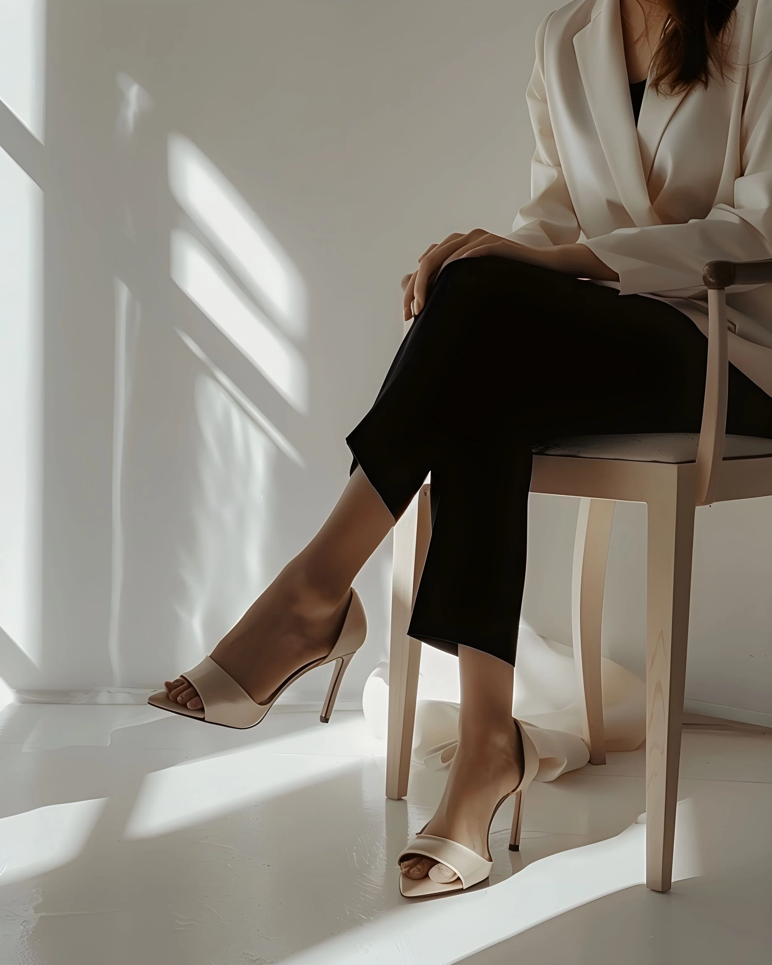 A woman sitting on a chair, wearing beige high-heeled shoes, black pants, and a cream-colored blazer, with sunlight casting shadows through a window.
