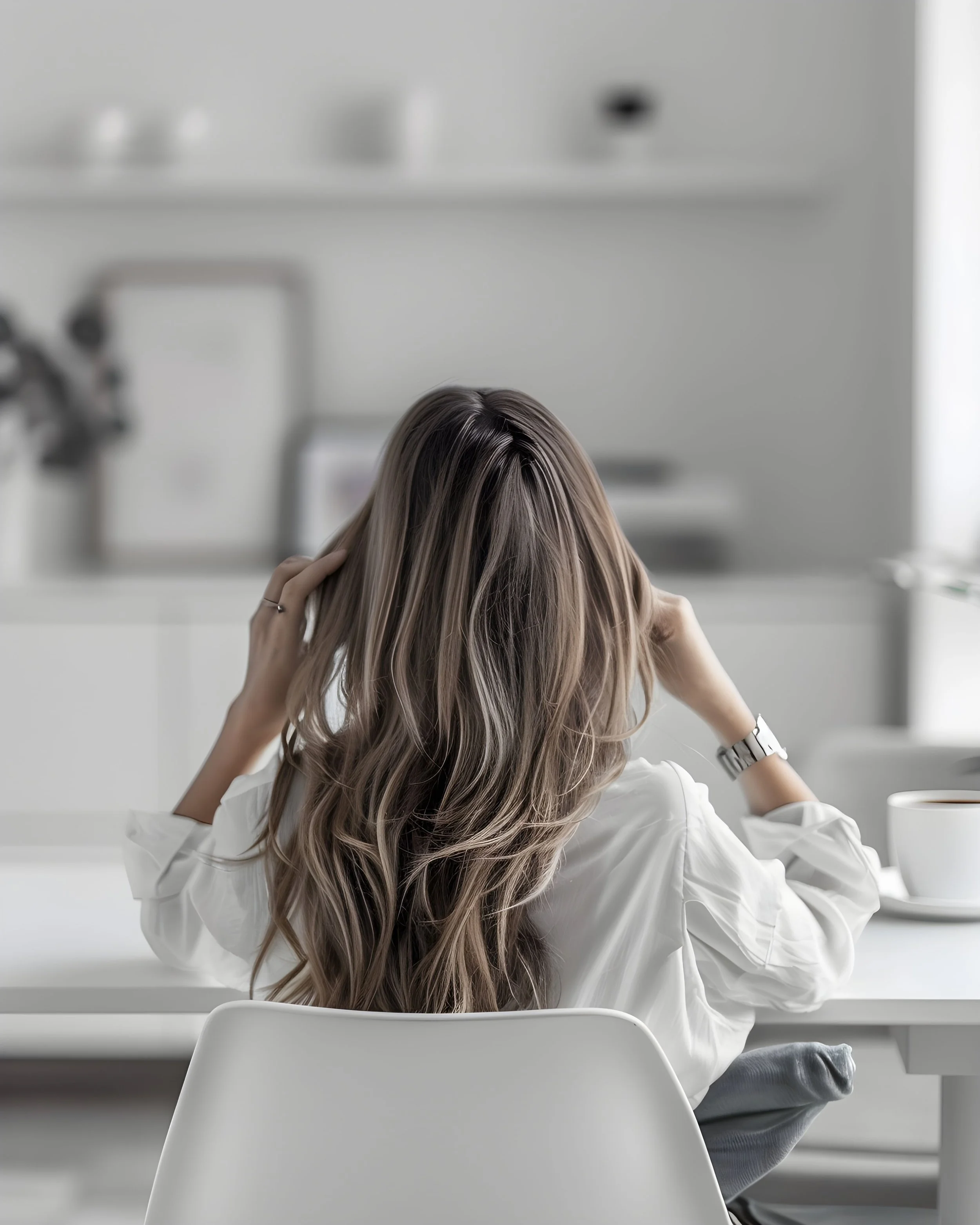 Back view of a woman with long, wavy blonde hair sitting at a white table with her hands on her head, in a bright, minimalistic room.