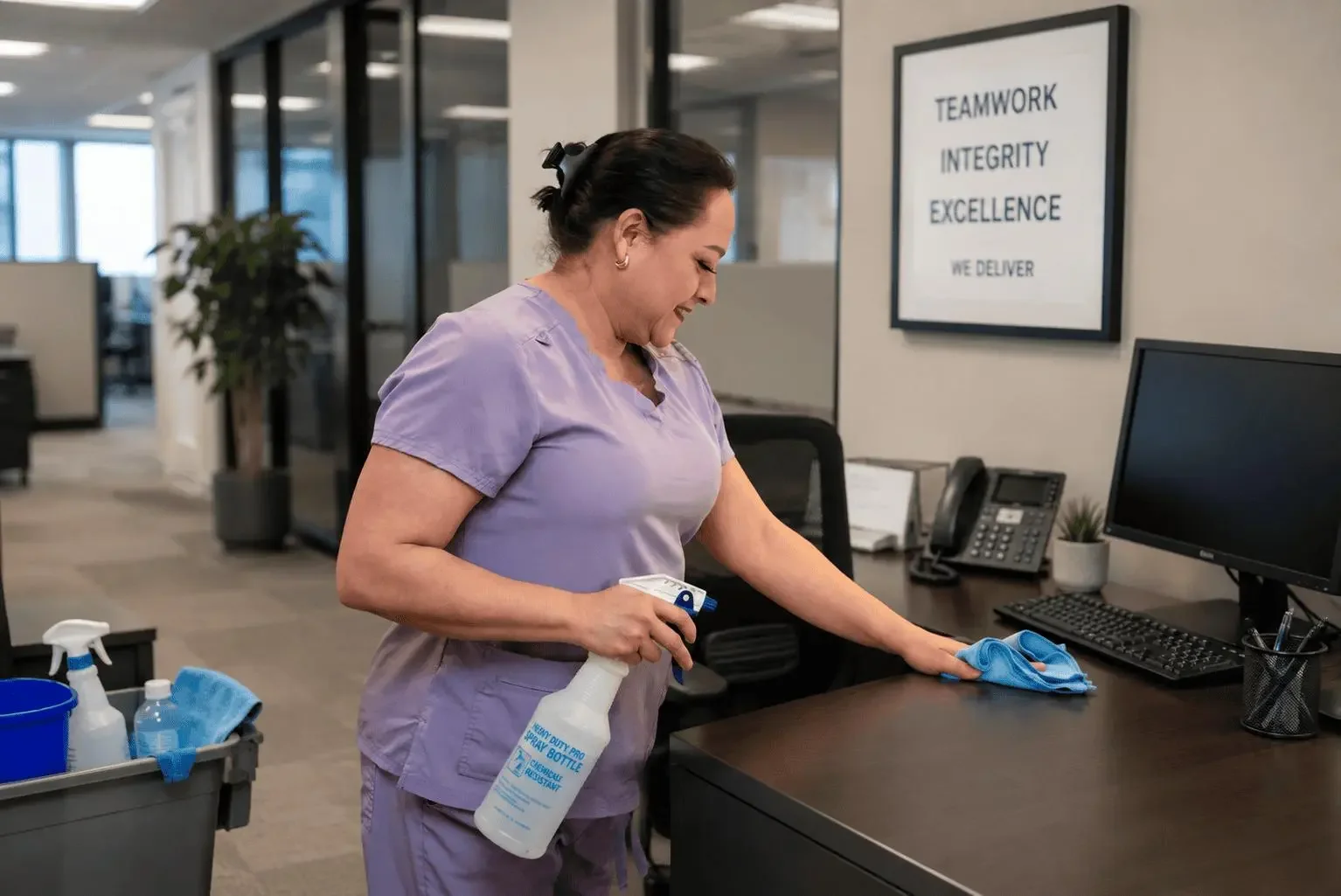 Professional cleaner sanitizing an office in Dallas