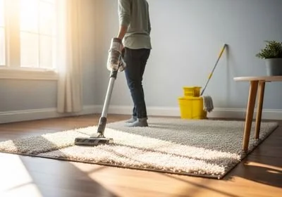 Person Vacuuming Beige Rug