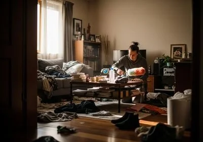 Woman Dusting Cluttered Living Room