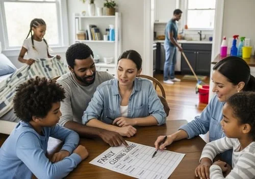 Family Discussing Cleaning Schedule