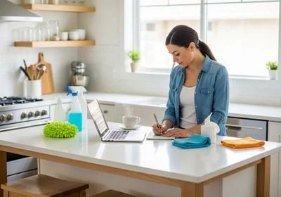 Woman Planning Cleaning Schedule in Kitchen