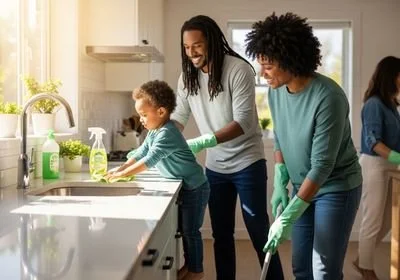 Family Cleaning Kitchen Together