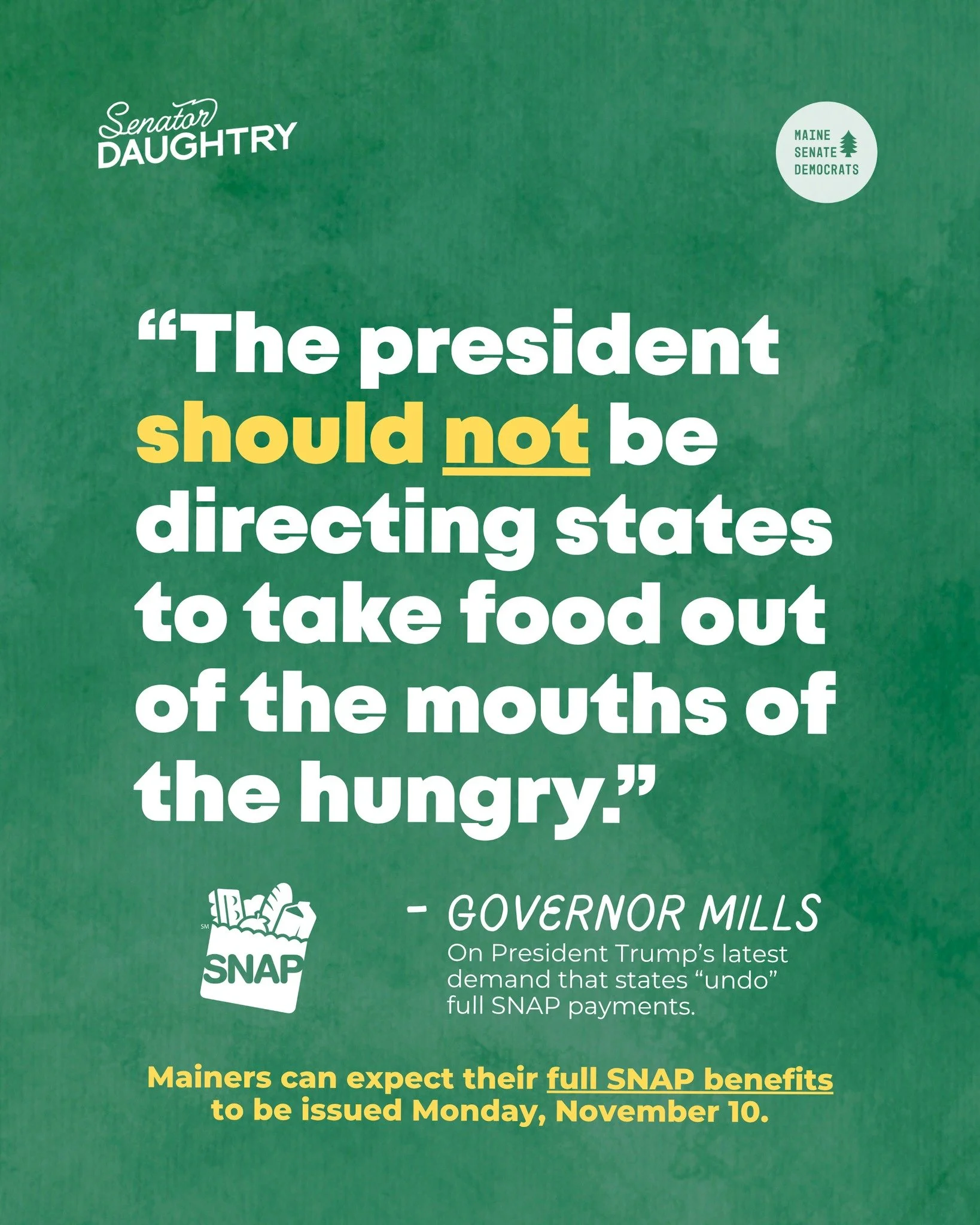 👆 What she said.

Thank you @governorjanetmills for once again standing up to the cruelty of the federal administration. 

Mainers can expect their full SNAP benefits to be issued today, Monday, November 10.

#Maine #SNAP
