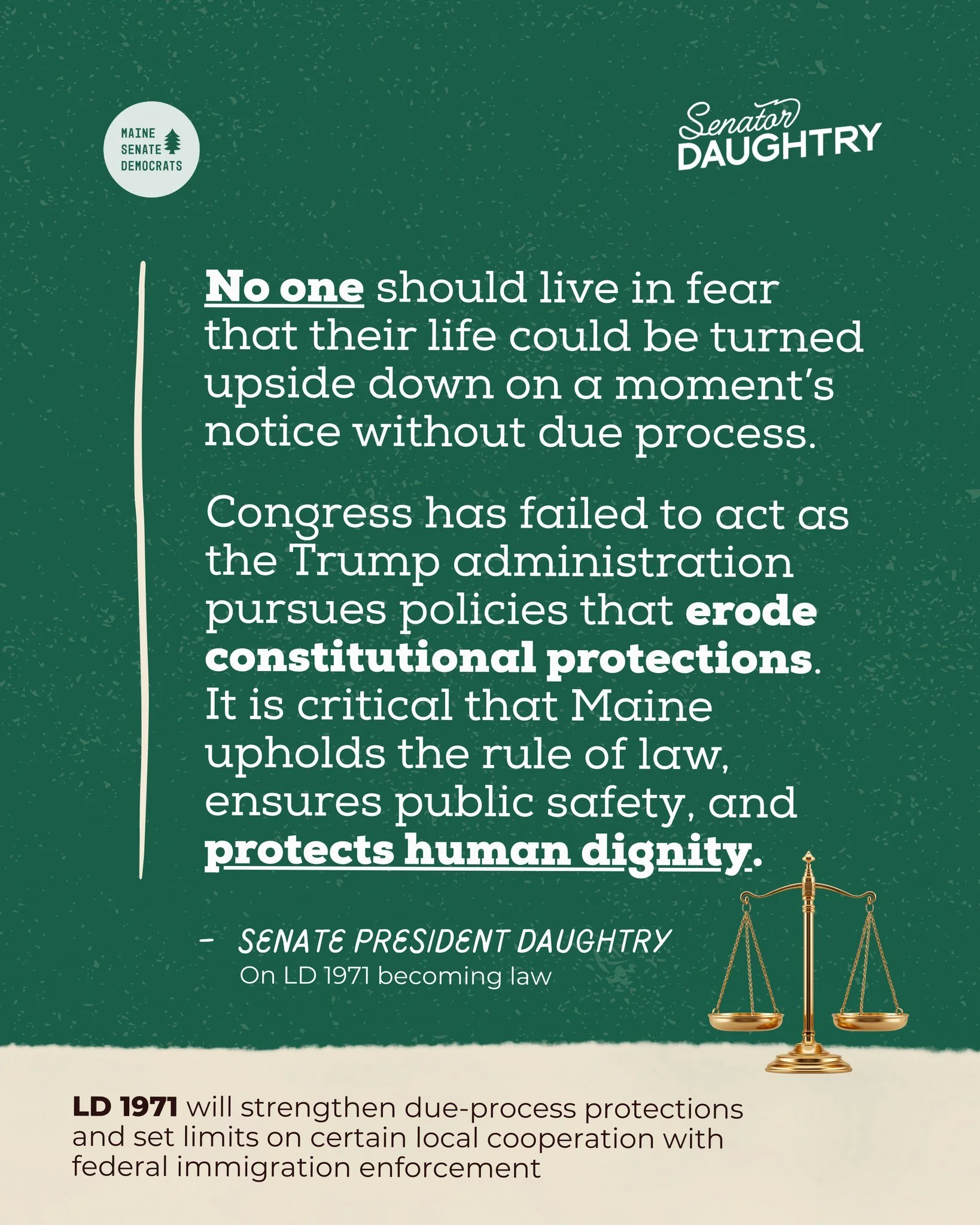 🗣️ Really important news. LD 1971 will become law in Maine. In the face of federal immigration policies driven by hostility rather than humanity, LD 1971 strengthens due-process protections and sets limits on certain local cooperation with federal i
