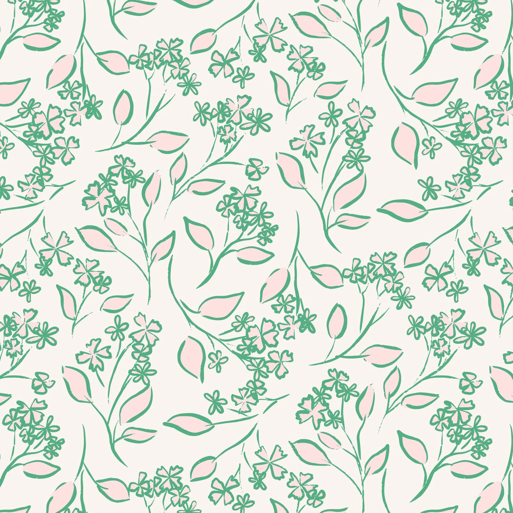 Pattern of green outline floral design with pink accents on a light background.