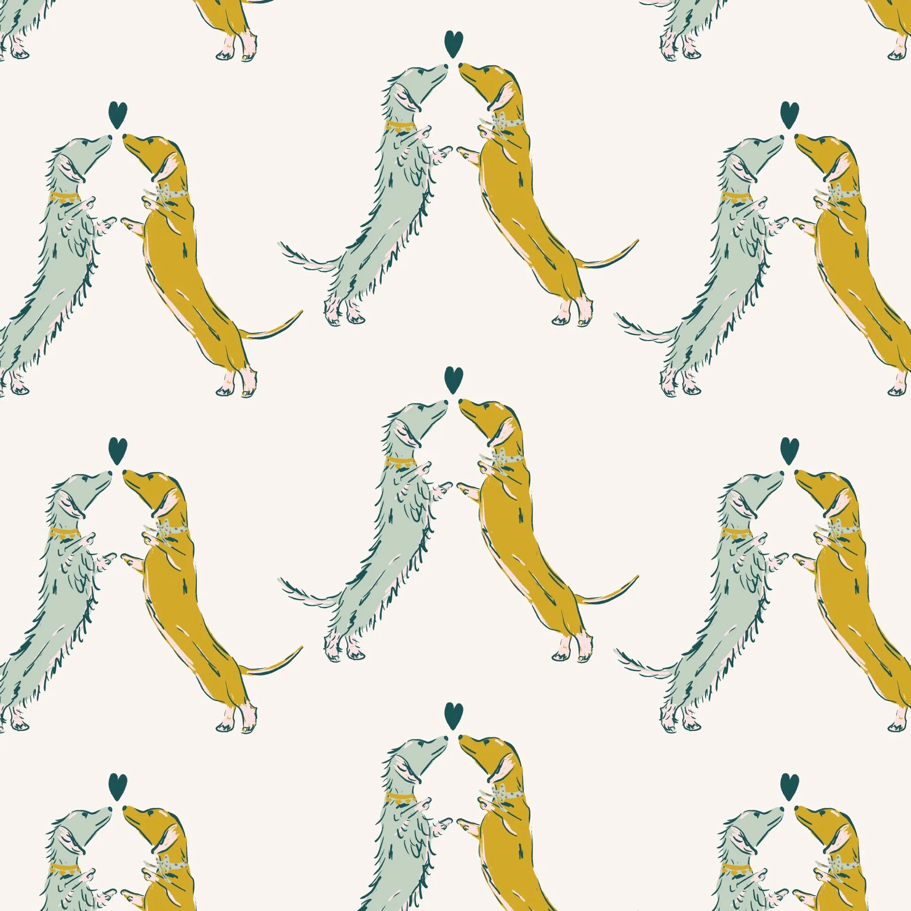 A repeating pattern of two dogs, one gray and one tan, kissing each other with a small black heart above them.
