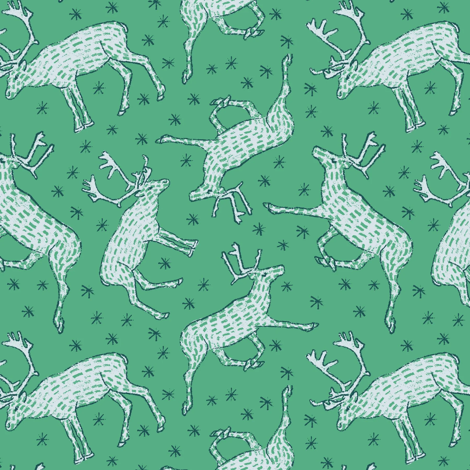 Pattern of white reindeer with antlers and small black stars on a green background.