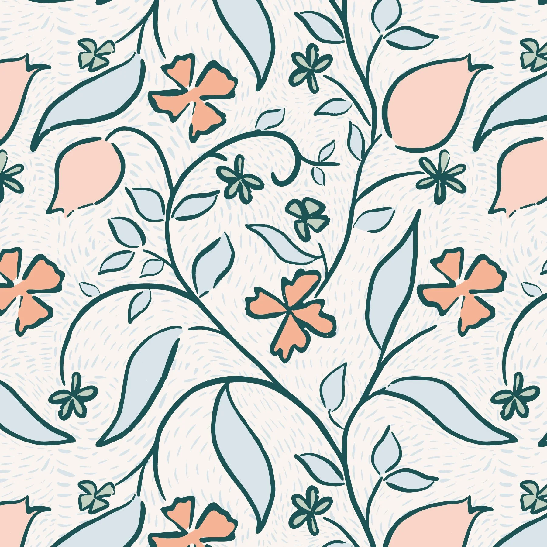 A pattern with outlined leaves, small flowers, and butterflies on a background with subtle streaks. The colors include soft peach, light blue, and dark green.