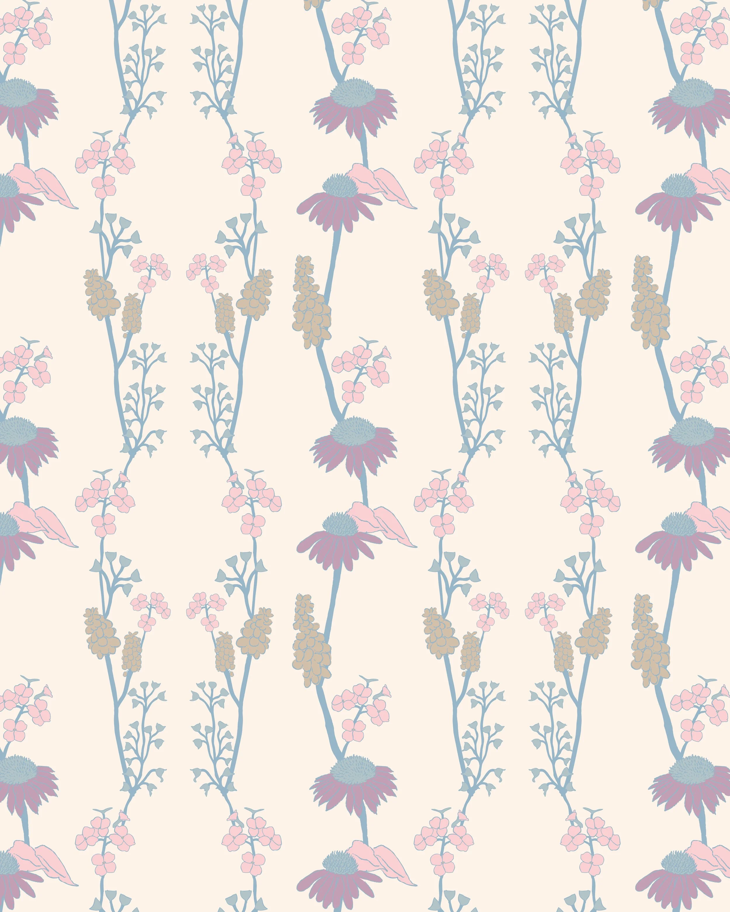 A repeating pattern of stylized flowers in pastel pink, blue, and beige, with a cream background.