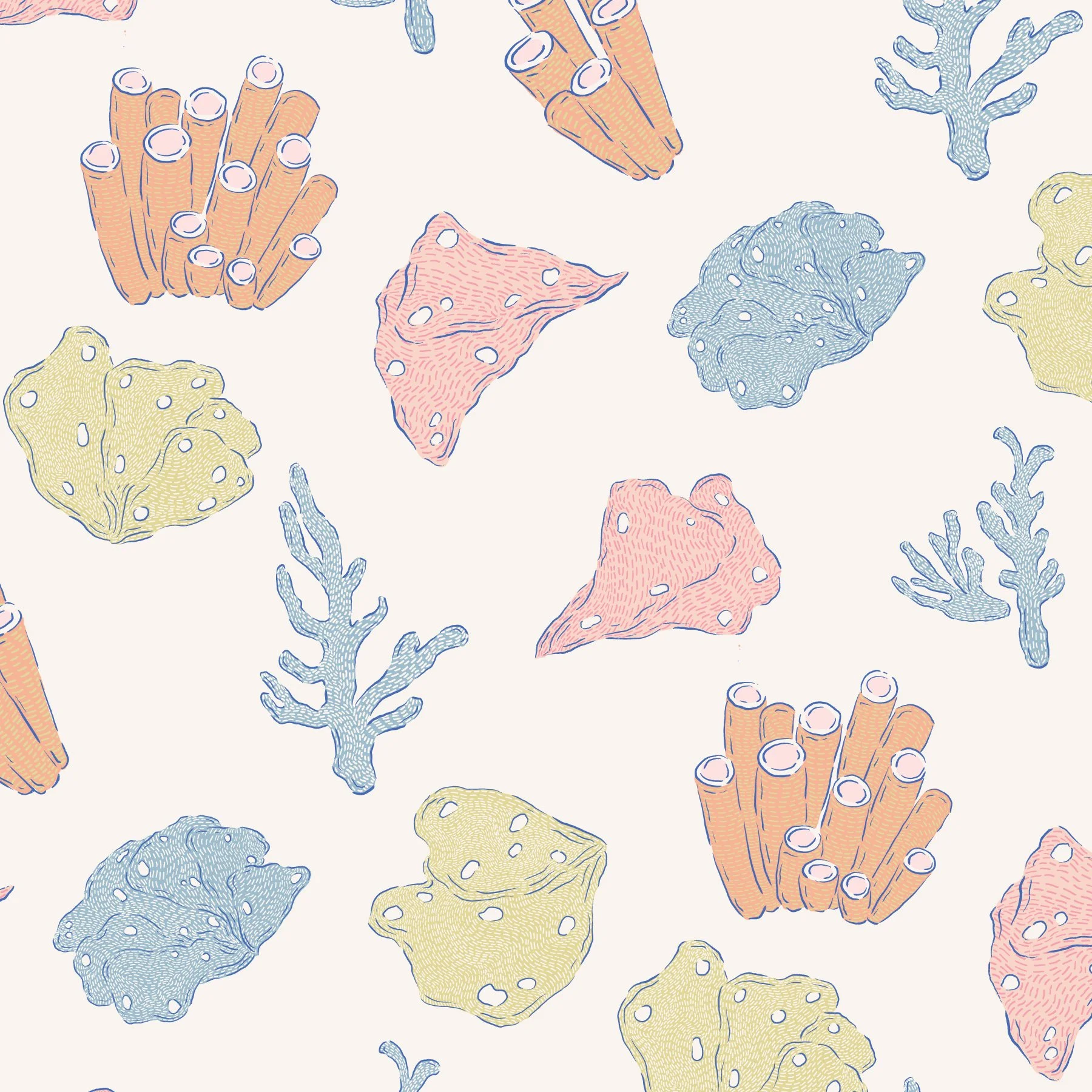 Pattern of colorful coral illustrations with various shapes and textures on a light background.