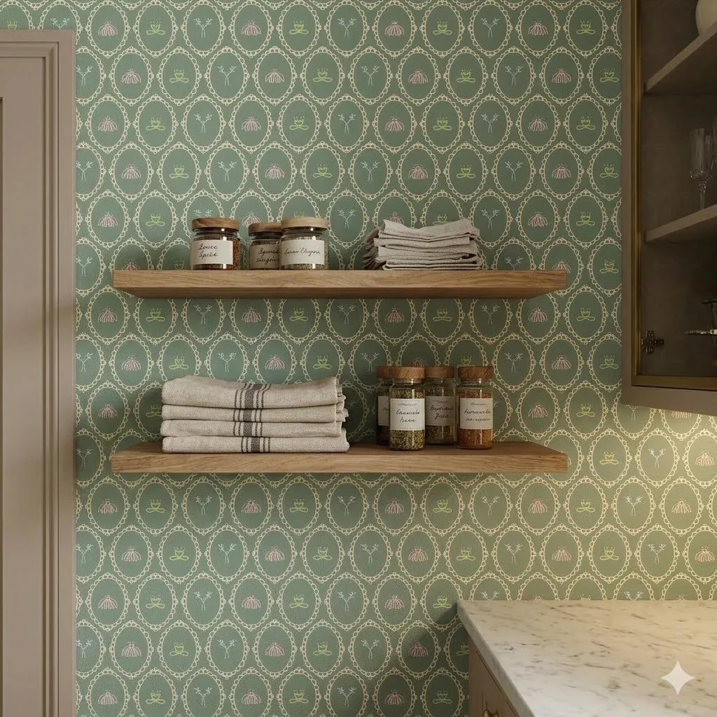 Two wooden shelves mounted on seamless patterned green wallpaper. Wallpaper features vintage ovals with florals within. Pattern is available for purchase as wallpaper at Loomwell and is also available for art licensing.