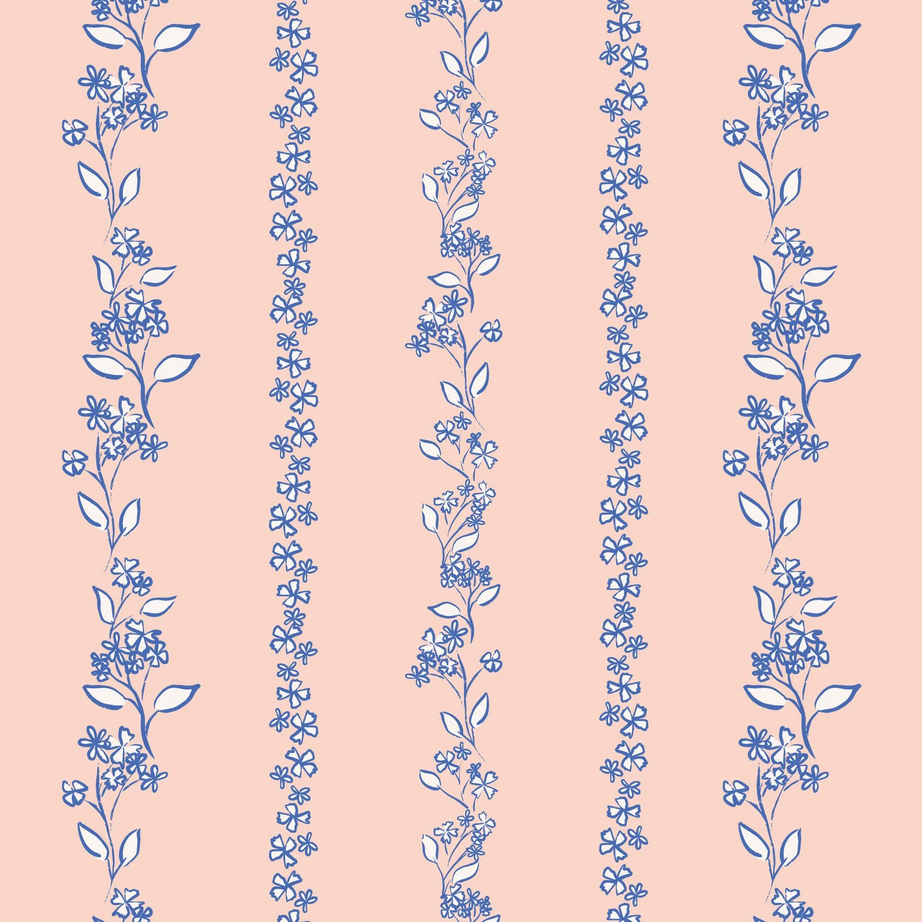 Pattern of vertical navy blue floral designs on a pink background, featuring small flowers and leaves.