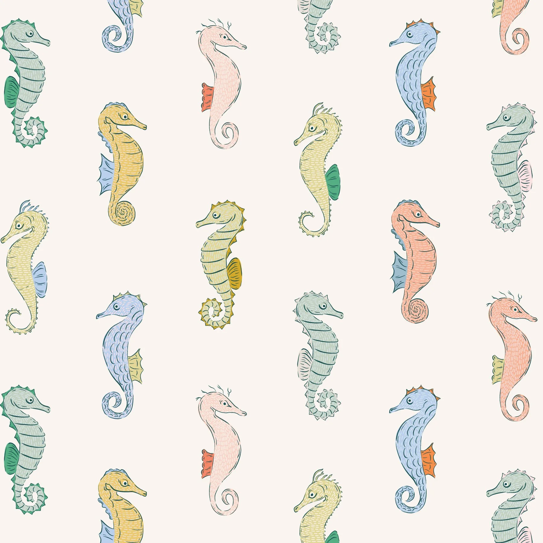 Pattern of cartoon seahorses in pastel colors on a light background.
