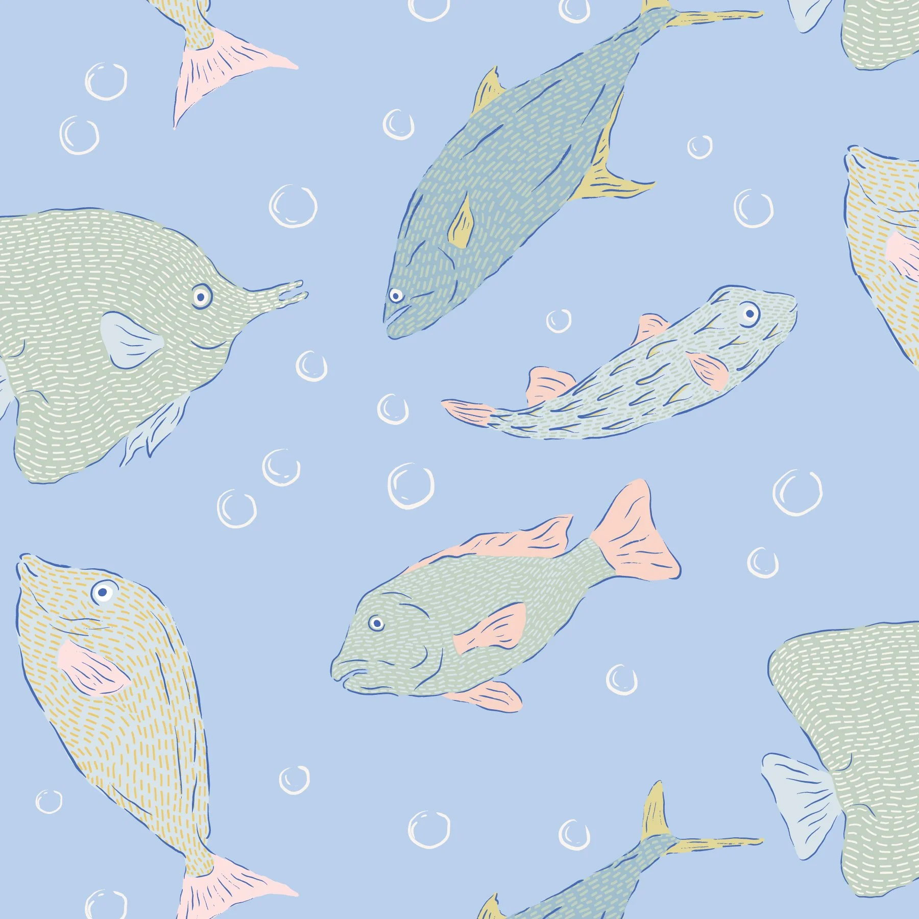 Illustration of various fish swimming against a blue background with bubbles.