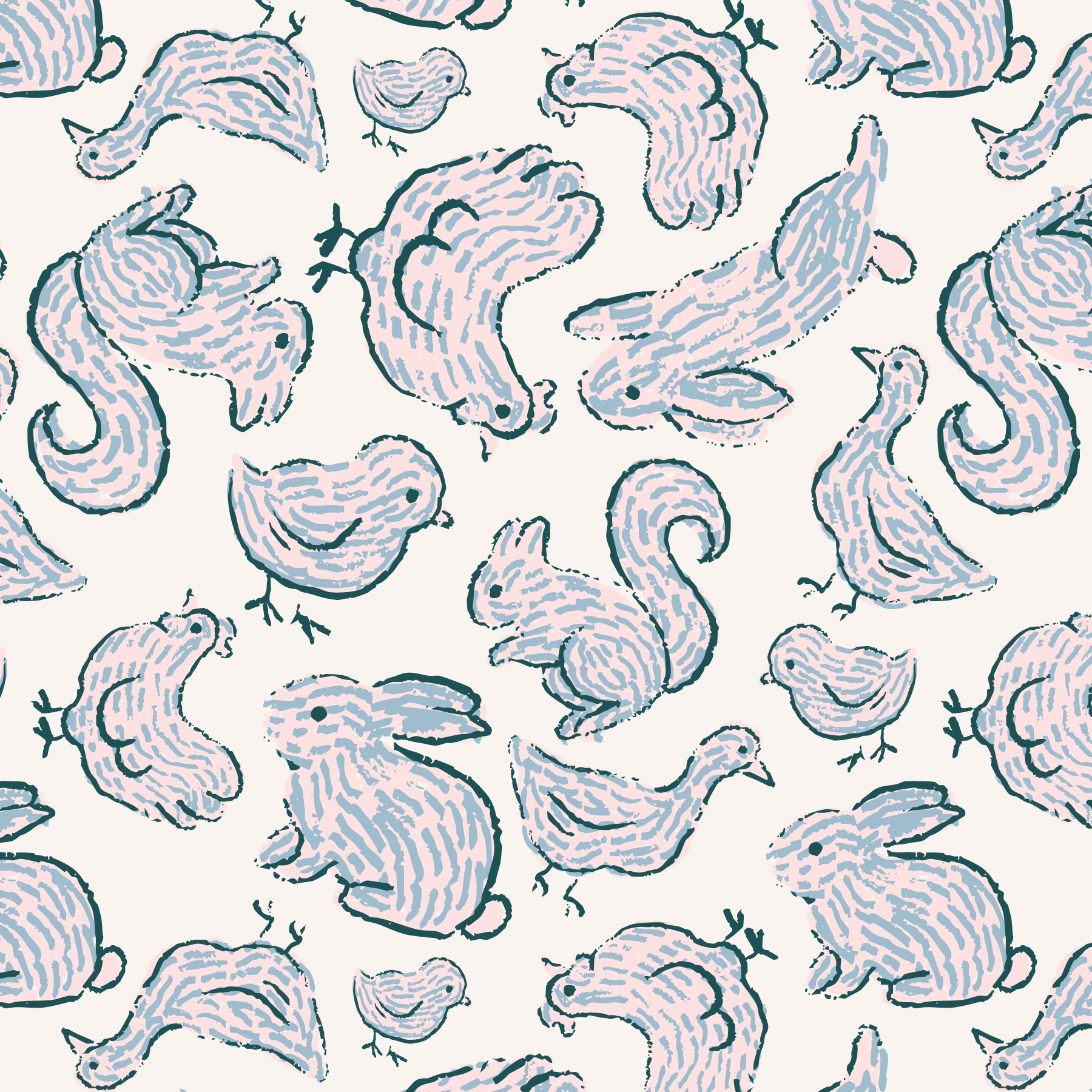 Pattern of cartoon-style pink and blue hamsters with black outlines on a light background.