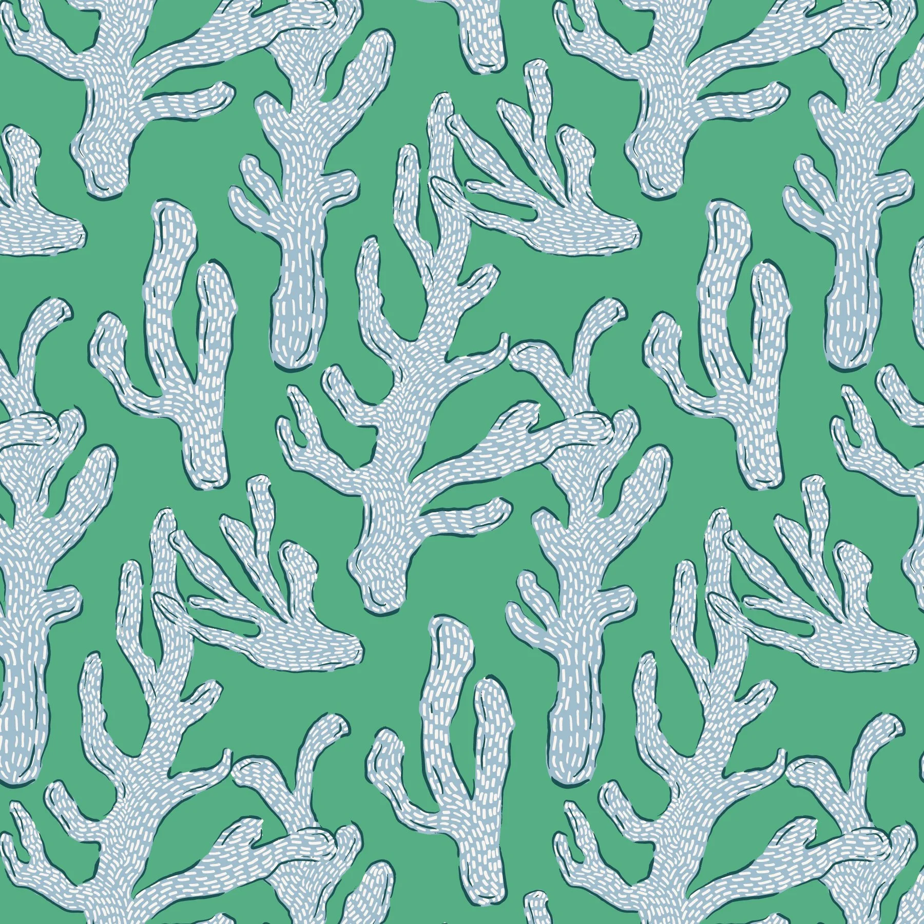 A vibrant green background with abstract, white, coral-like shapes outlined in black, filled with dashed lines.