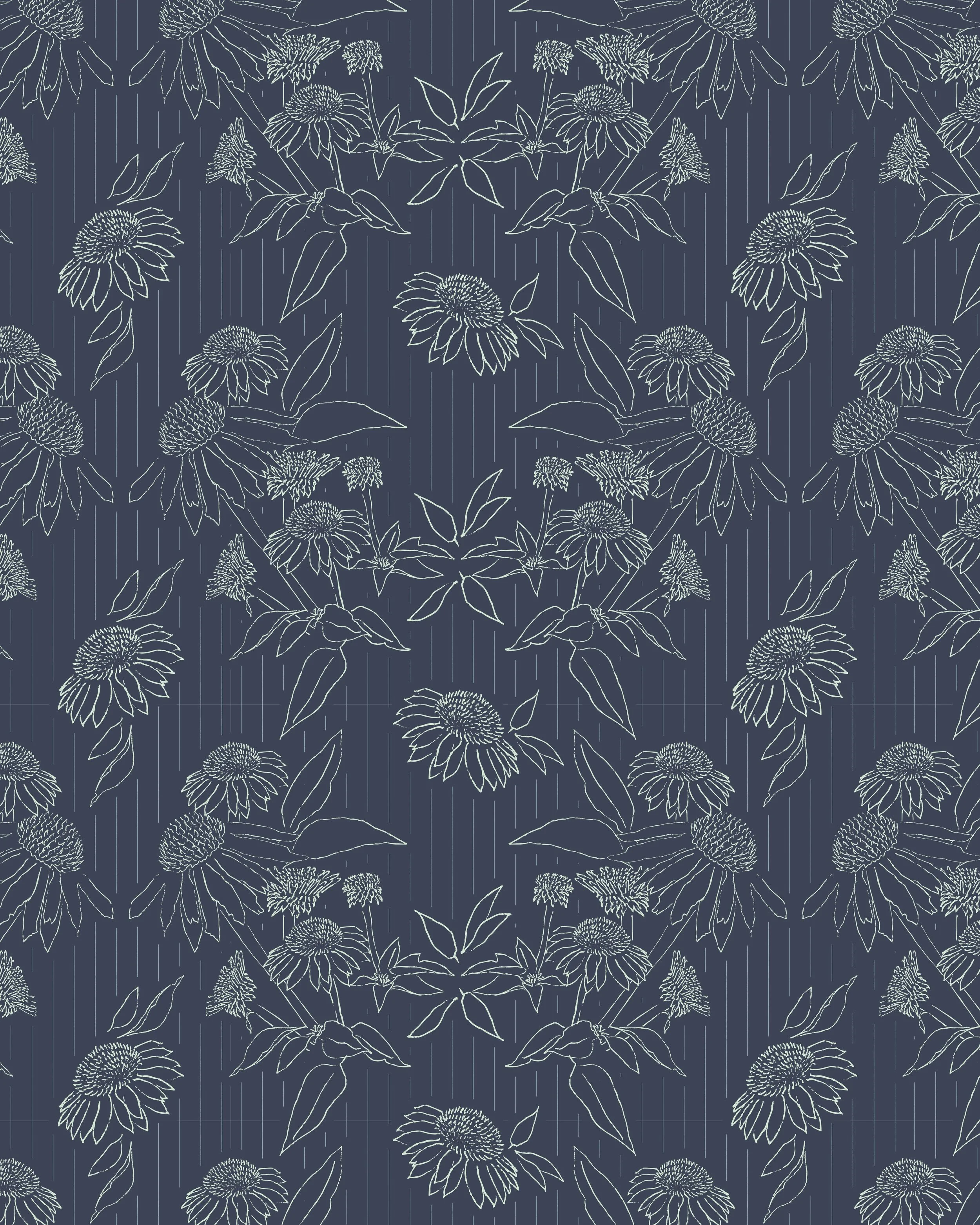 Pattern of white outlined flowers and leaves with vertical lines on a dark blue background.