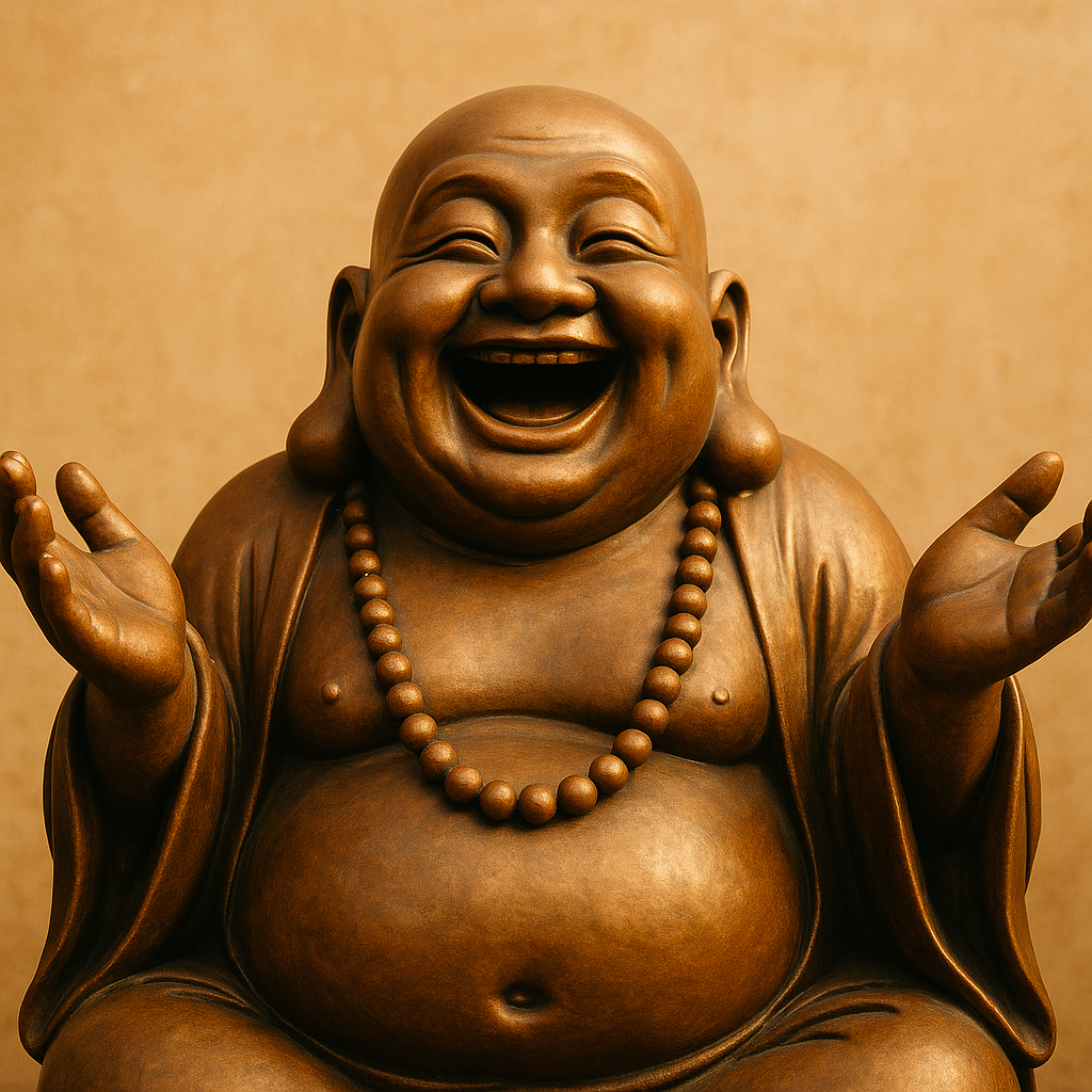 Figura de madera de un buda riendo, con brazos abiertos y sonrisa amplia explicando los beneficios del yoga.