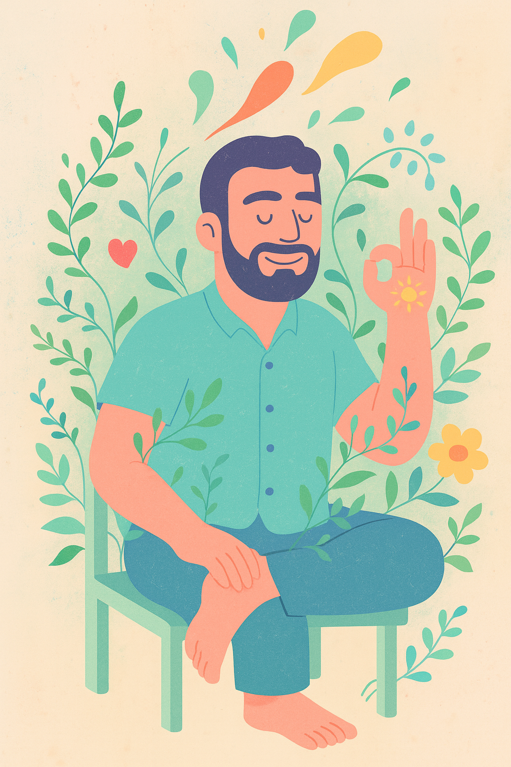 Ilustración de un hombre con barba y pelo oscuro, cerrando los ojos, sentado haciendo yoga.