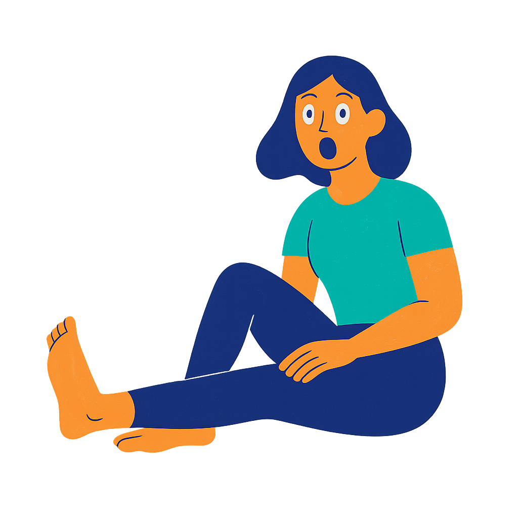 Ilustración de una mujer con expresión de sorpresa haviendo yoga, sentada con una pierna doblada y la otra extendida