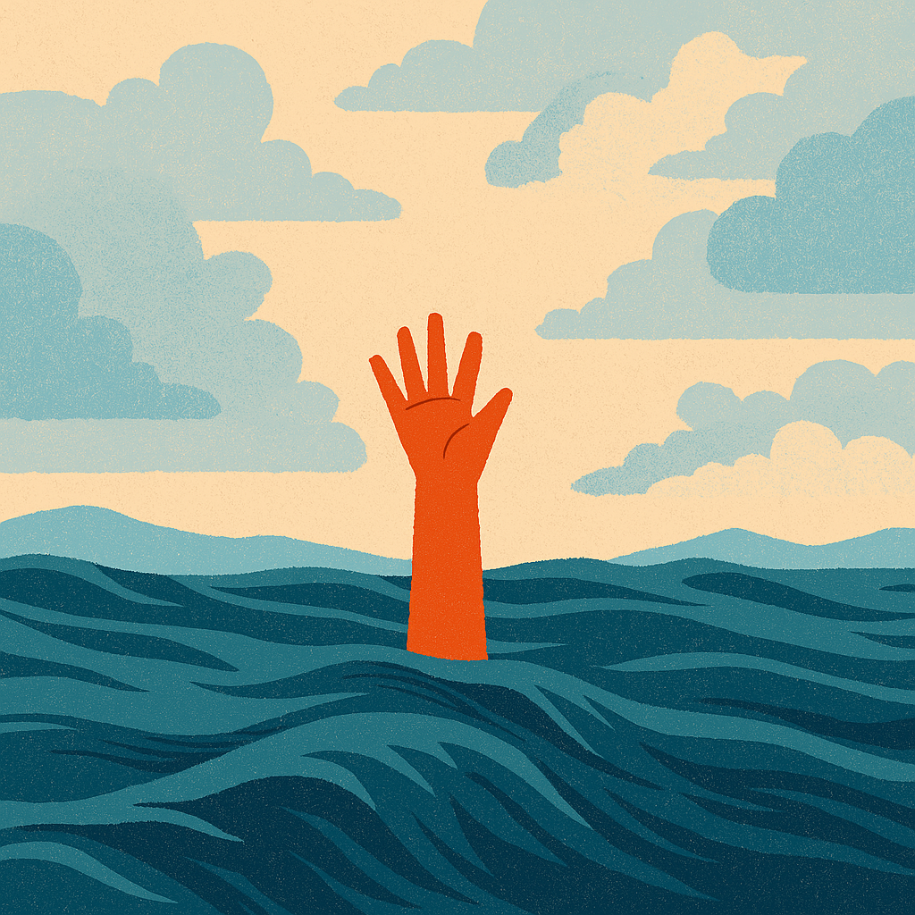 Una mano color café que sobresale del agua, Pidiendo ayuda. Haz Yoga