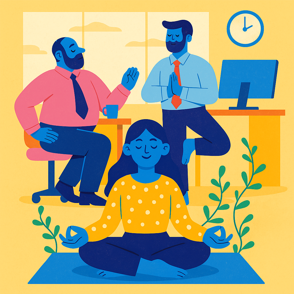 Tres personas en una oficina haciendo prácticas de meditación, yoga y relajación en un ambiente de trabajo.
