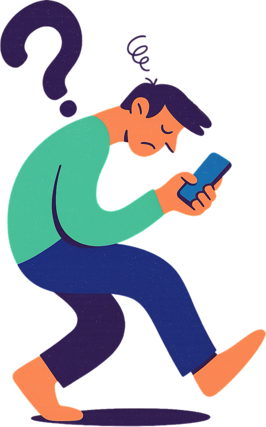 Persona confundida mirando su teléfono móvil con un signo de interrogación encima, expresión de duda o confusión antes de hacer Yoga.