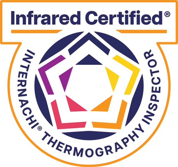 Infrared Certified International Thermography Inspector logo with multicolored pentagon emblem inside a navy circle on an orange background.