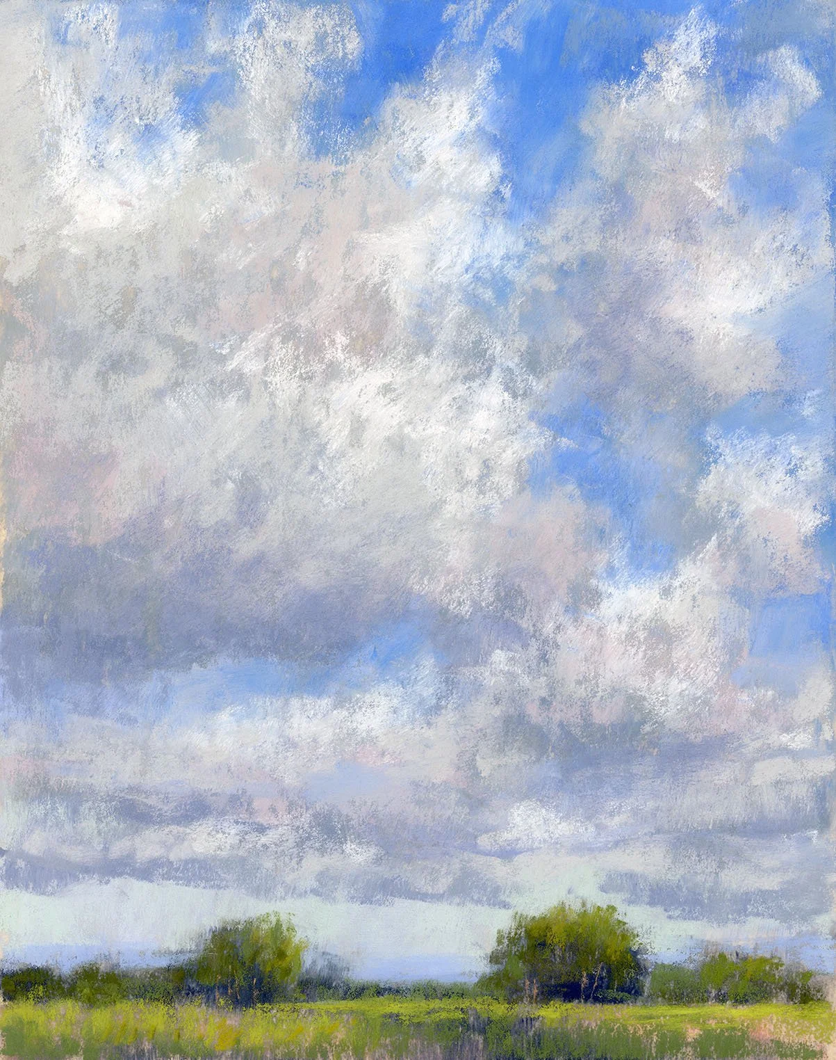A digital painting of a cloudy sky over a grassy field with a few trees.