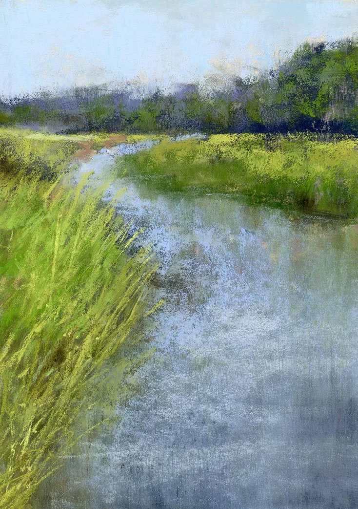 A watercolor painting of a river or stream with green grass on the left side and trees in the background, under a cloudy sky.