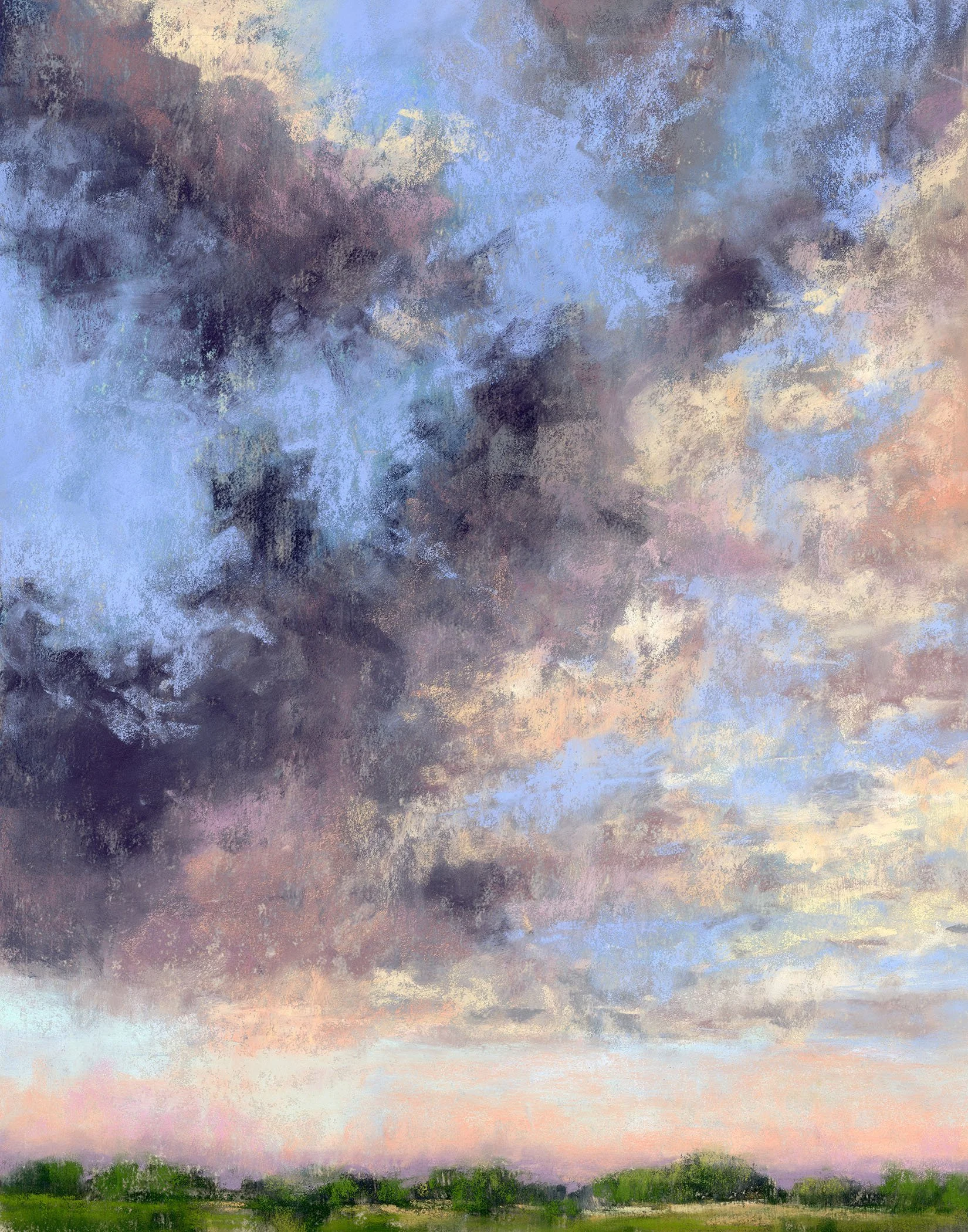 A painting of a partly cloudy sky during sunset over a green landscape.