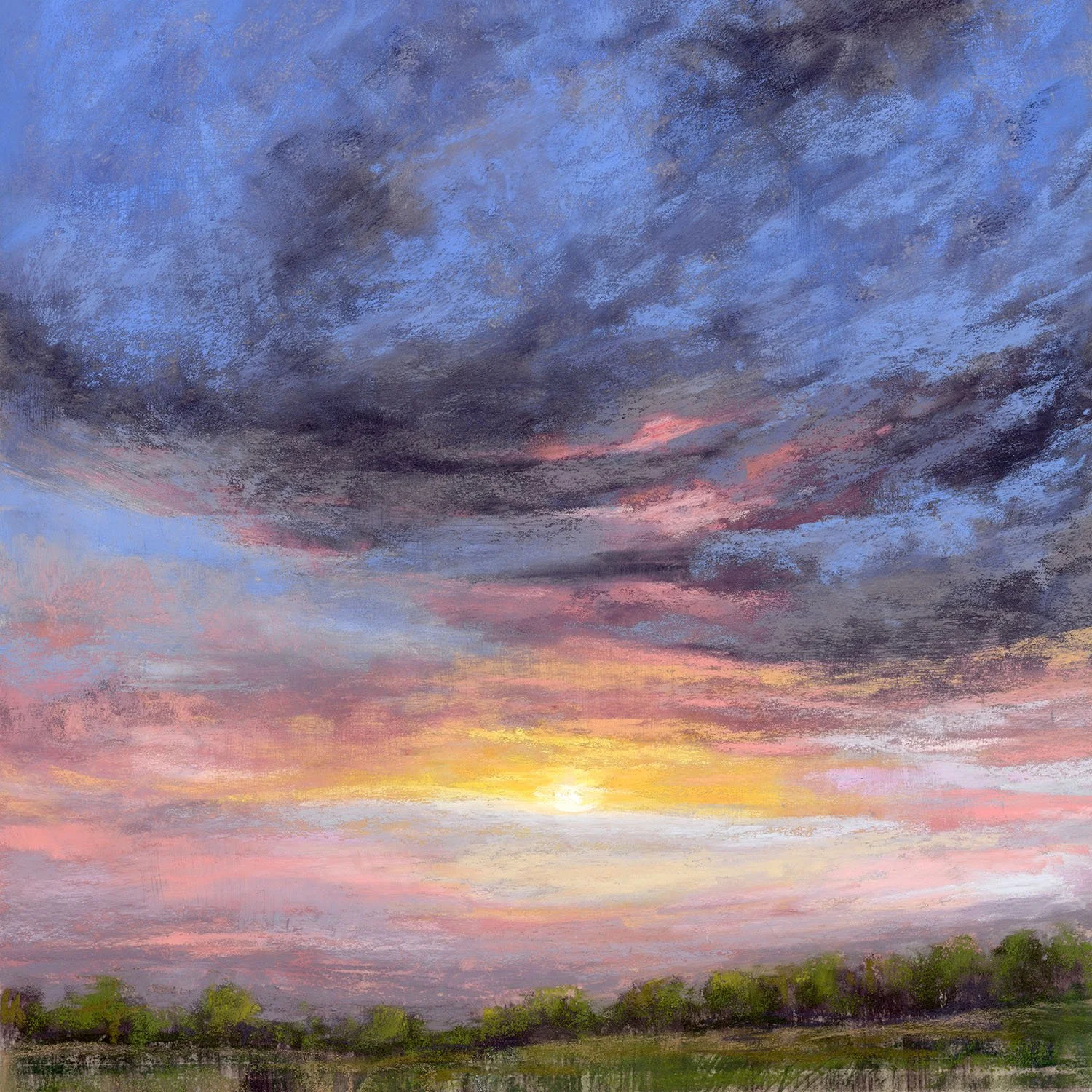 Painting of a sunset with a sky filled with dark and pink clouds, and a landscape with green trees and grass.