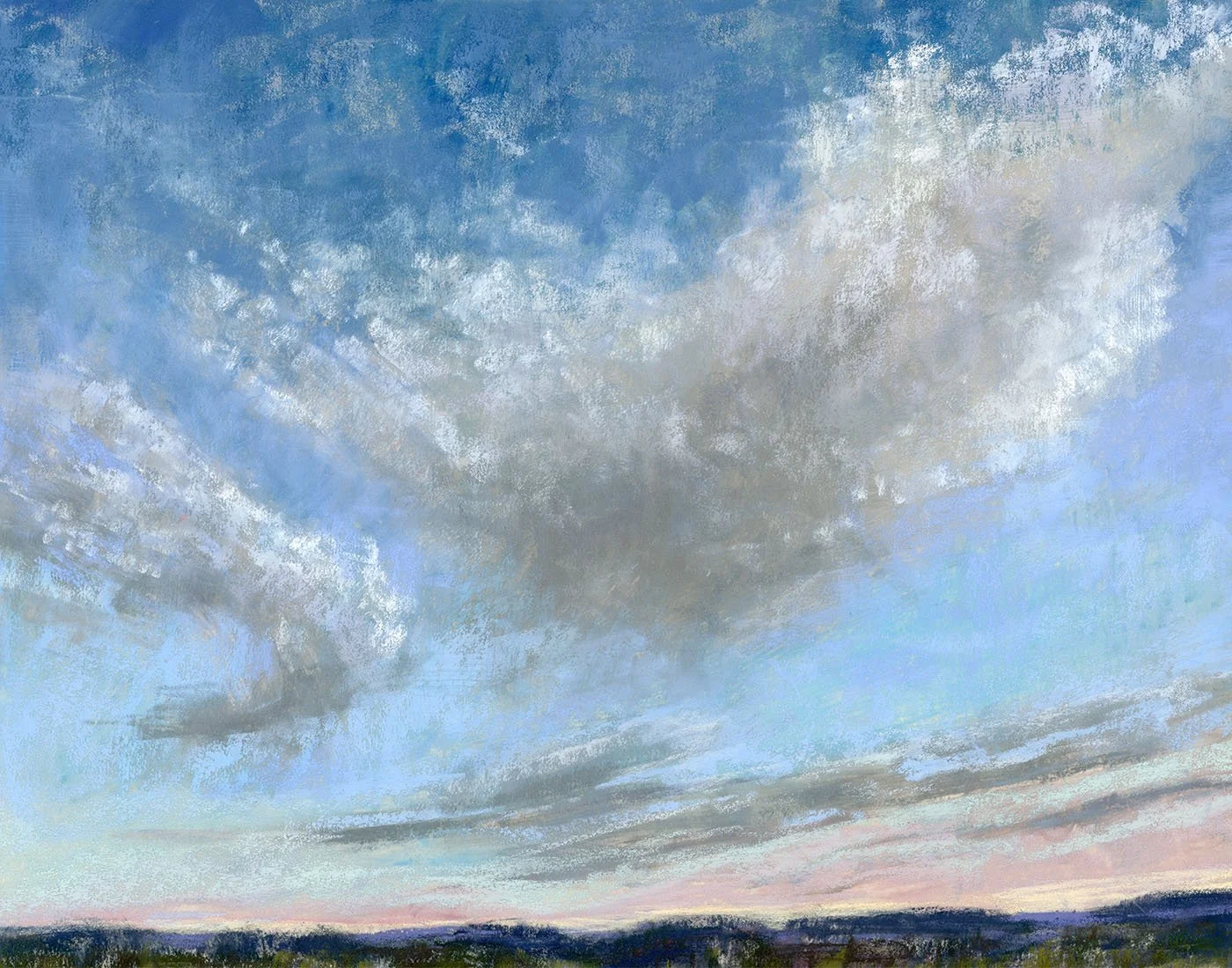A painted landscape of a cloudy sky during sunset, with a horizon and dark terrain in the foreground.